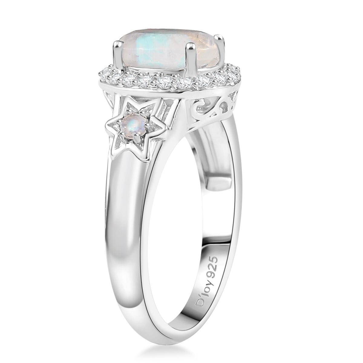 D'Joy Moon Glow Moonstone and White Zircon 2.40 ctw Moon & Star Ring in Rhodium Over Sterling Silver (Size 10.0) image number 3