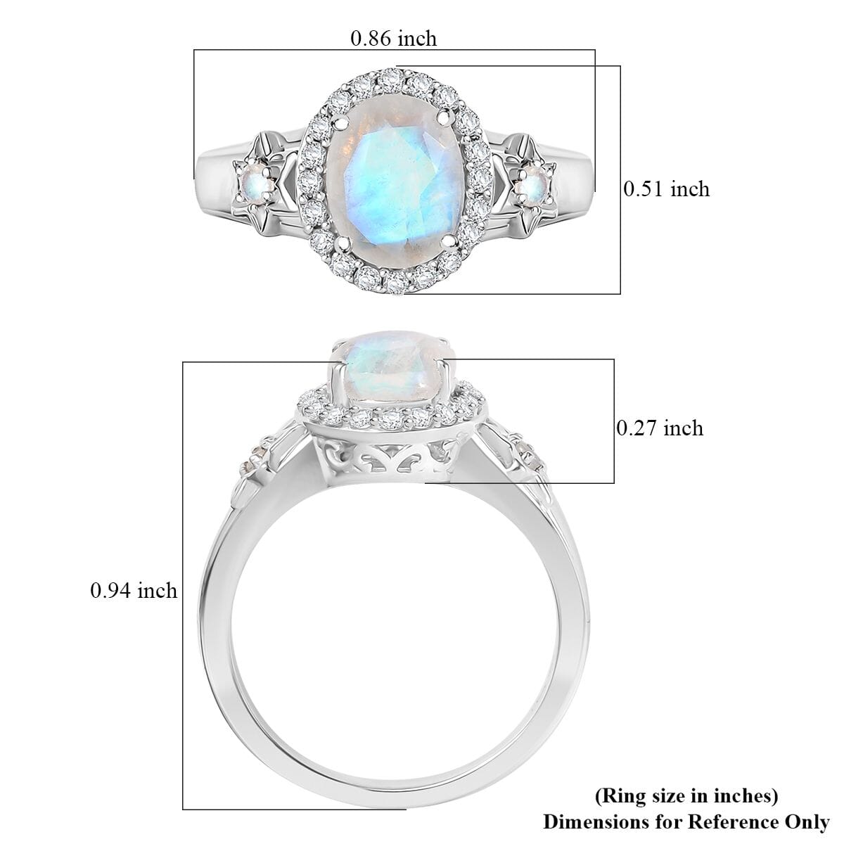 D'Joy Moon Glow Moonstone and White Zircon 2.40 ctw Moon & Star Ring in Rhodium Over Sterling Silver (Size 7.0)  image number 5