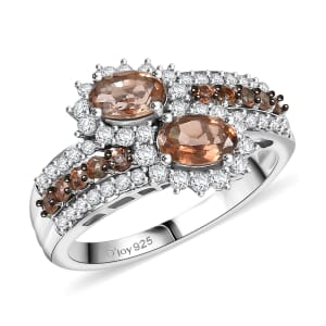 D'Joy Premium Jenipapo Andalusite and White Zircon 1.90 ctw Twin Blooms Ring in Rhodium Over Sterling Silver (Size 10.0)