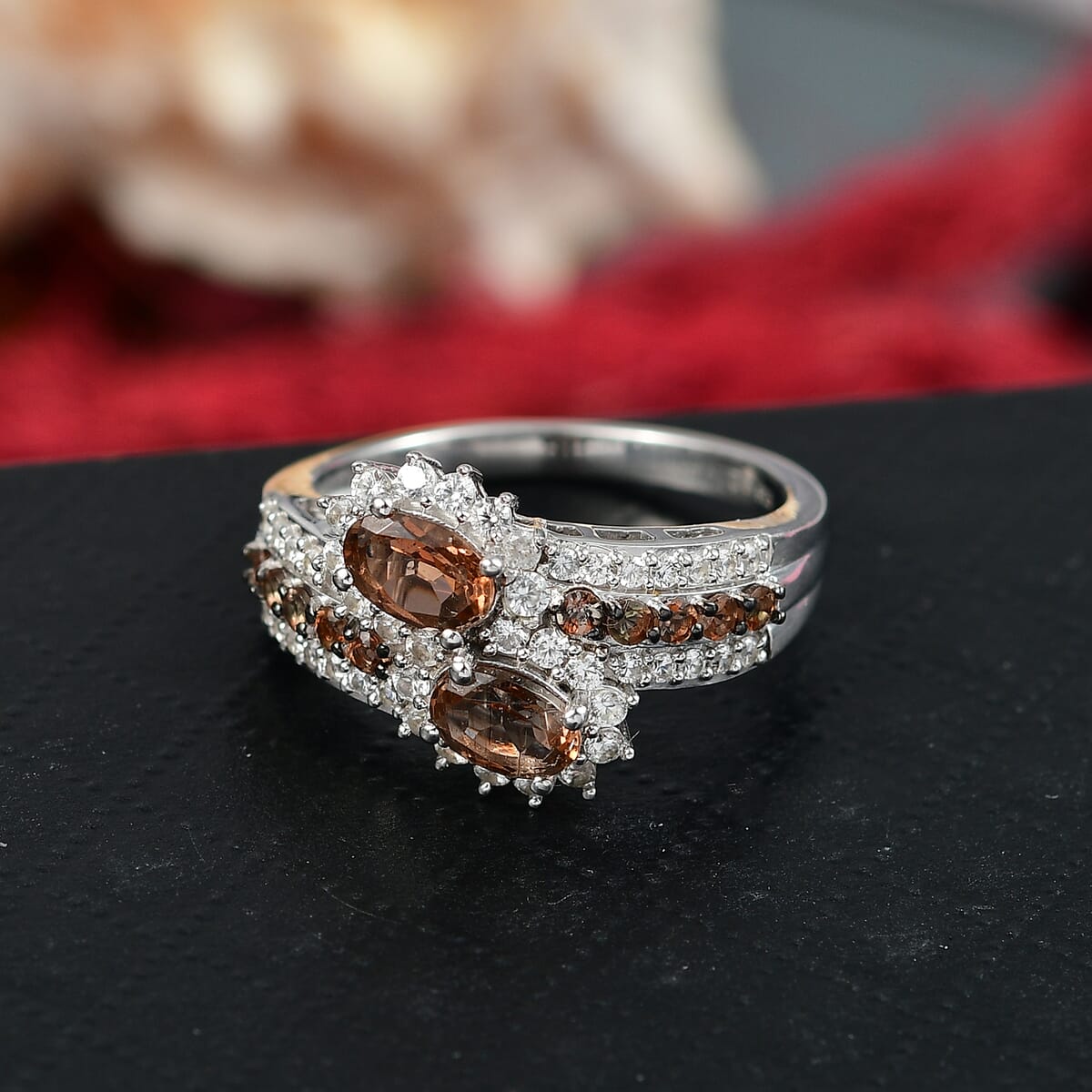 D'Joy Premium Jenipapo Andalusite and White Zircon 1.90 ctw Twin Blooms Ring in Rhodium Over Sterling Silver (Size 10.0) image number 1