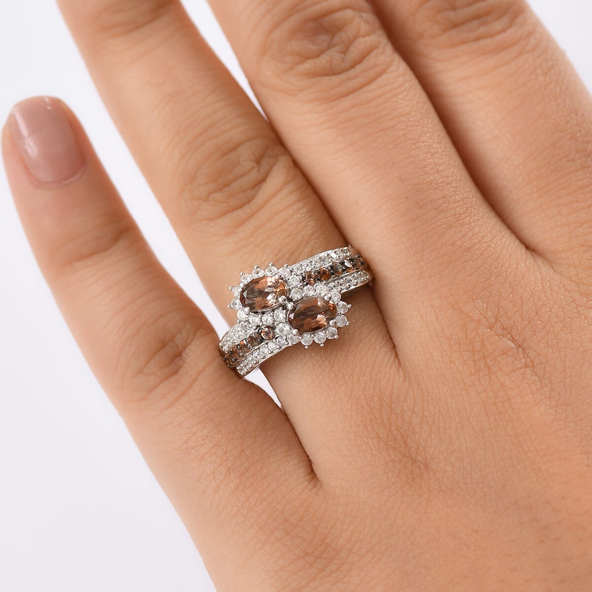 D'Joy Premium Jenipapo Andalusite and White Zircon 1.90 ctw Twin Blooms Ring in Rhodium Over Sterling Silver (Size 10.0) image number 2