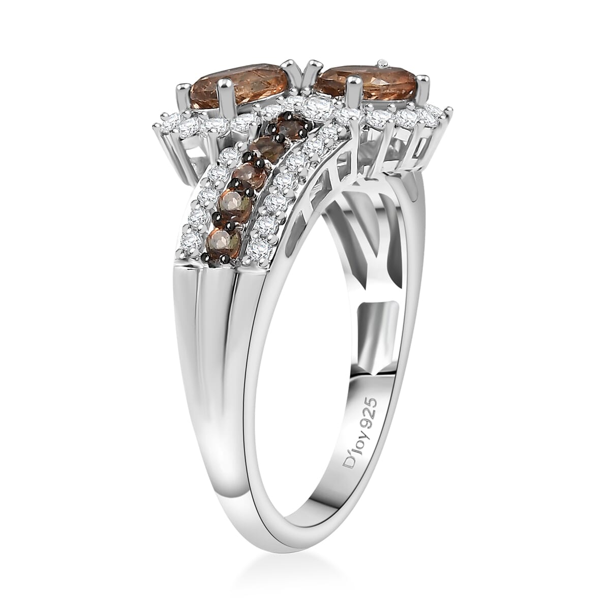 D'Joy Premium Jenipapo Andalusite and White Zircon 1.90 ctw Twin Blooms Ring in Rhodium Over Sterling Silver (Size 10.0) image number 3