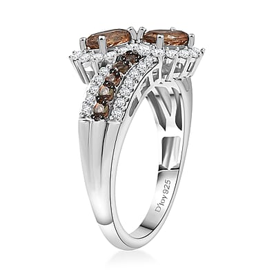D'Joy Premium Jenipapo Andalusite and White Zircon 1.90 ctw Twin Blooms Ring in Rhodium Over Sterling Silver (Size 10.0)