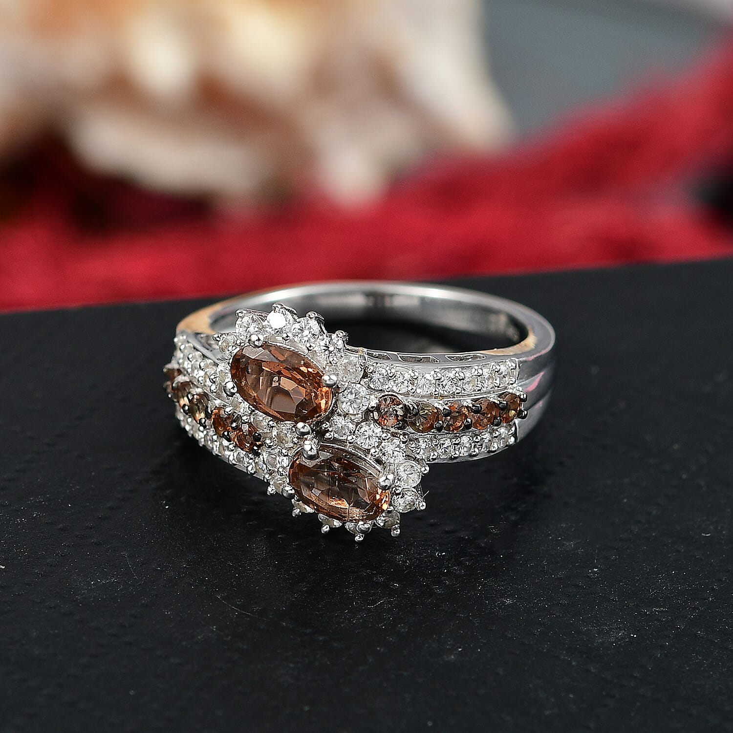 D'Joy Premium Jenipapo Andalusite and White Zircon 1.90 ctw Twin Blooms Ring in Rhodium Over Sterling Silver (Size 8.0)