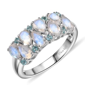 D'Joy Moon Glow Moonstone and Blue Apatite 2.00 ctw Milky Way Galaxy with Stars Ring in Platinum Over Sterling Silver (Size 10.0)
