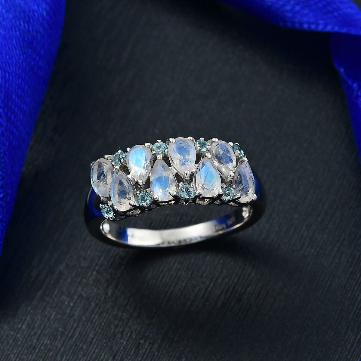D'Joy Moon Glow Moonstone and Blue Apatite 2.00 ctw Milky Way Galaxy with Stars Ring in Platinum Over Sterling Silver (Size 10.0) image number 1