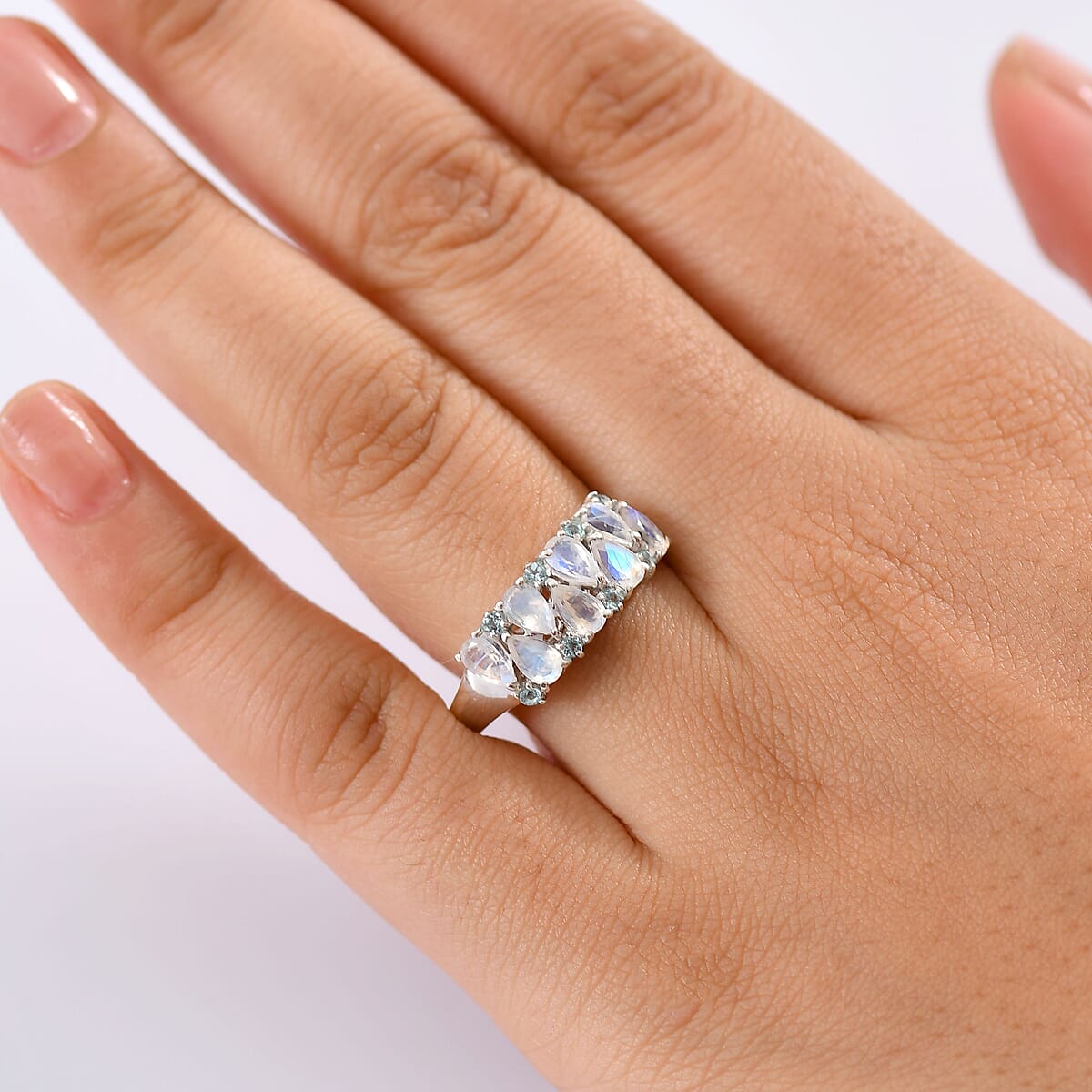 D'Joy Moon Glow Moonstone and Blue Apatite 2.00 ctw Milky Way Galaxy with Stars Ring in Platinum Over Sterling Silver (Size 6.0) image number 2