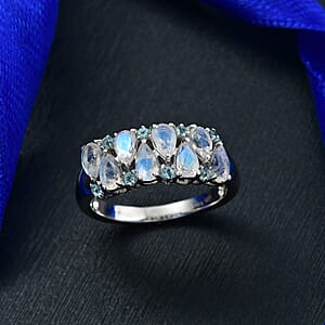 D'Joy Moon Glow Moonstone and Blue Apatite 2.00 ctw Milky Way Galaxy with Stars Ring in Platinum Over Sterling Silver (Size 8.0)