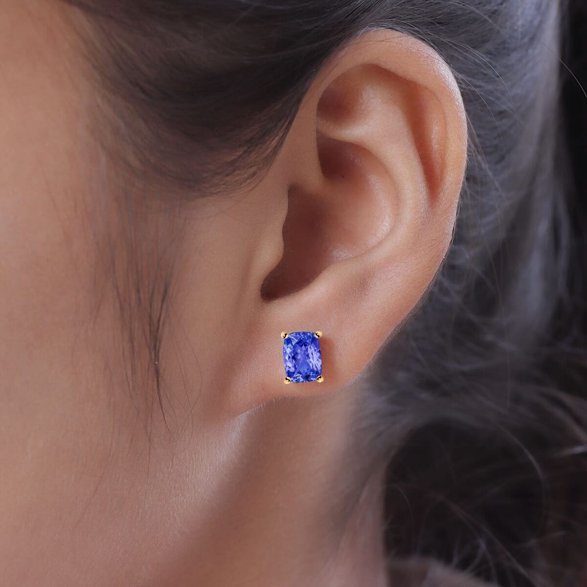 Rhapsody 18K Yellow Gold AAAA Tanzanite Solitaire Stud Earrings 2.10 ctw image number 1