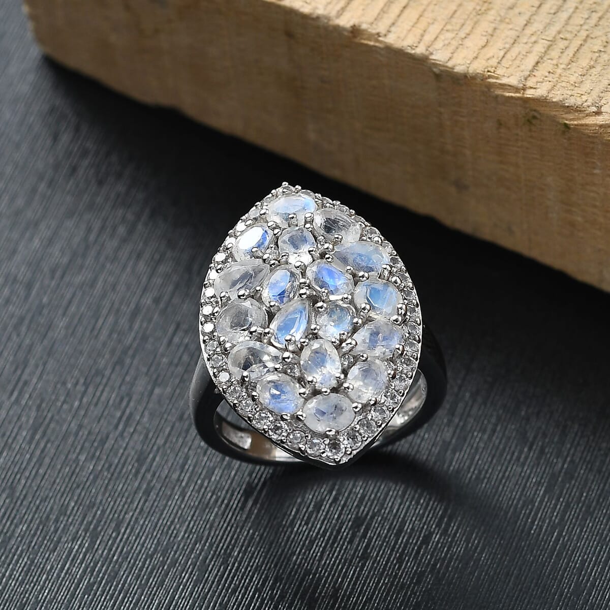 Karis Moon Glow Moonstone and White Zircon 4.10 ctw Galaxy Ring in Platinum Bond image number 1