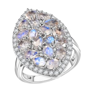 Karis Moon Glow Moonstone and White Zircon 4.10 ctw Stardust Aura Ring in Platinum Bond (Size 7.0)