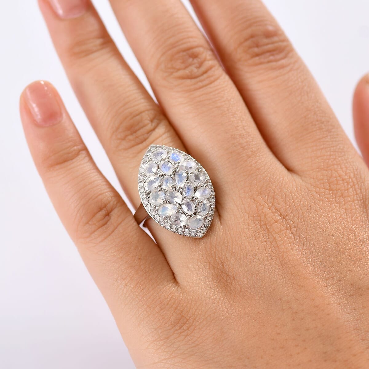 Karis Moon Glow Moonstone and White Zircon 4.10 ctw Stardust Aura Ring in Platinum Bond (Size 7.0) image number 2