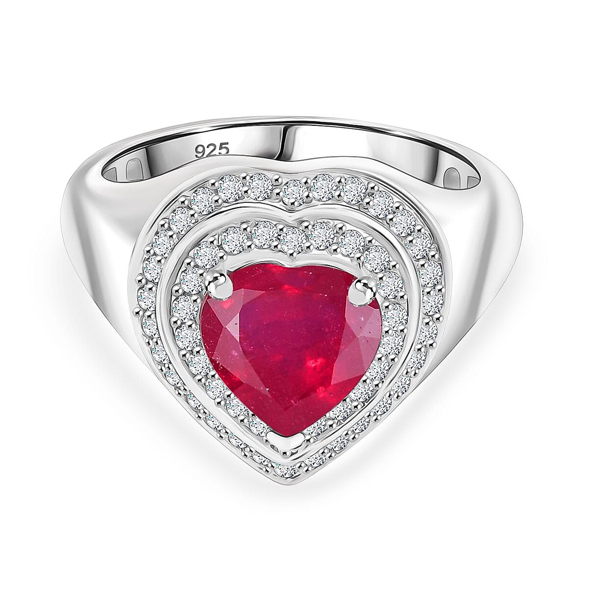 African Ruby and White Zircon 3.74 ctw Ring in Rhodium Over Sterling Silver (Size 9.0)