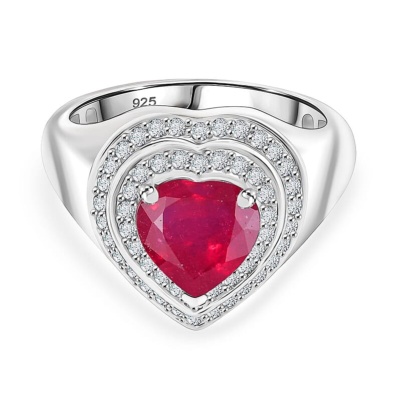 African Ruby and White Zircon 3.74 ctw Ring in Rhodium Over Sterling Silver (Size 9.0)