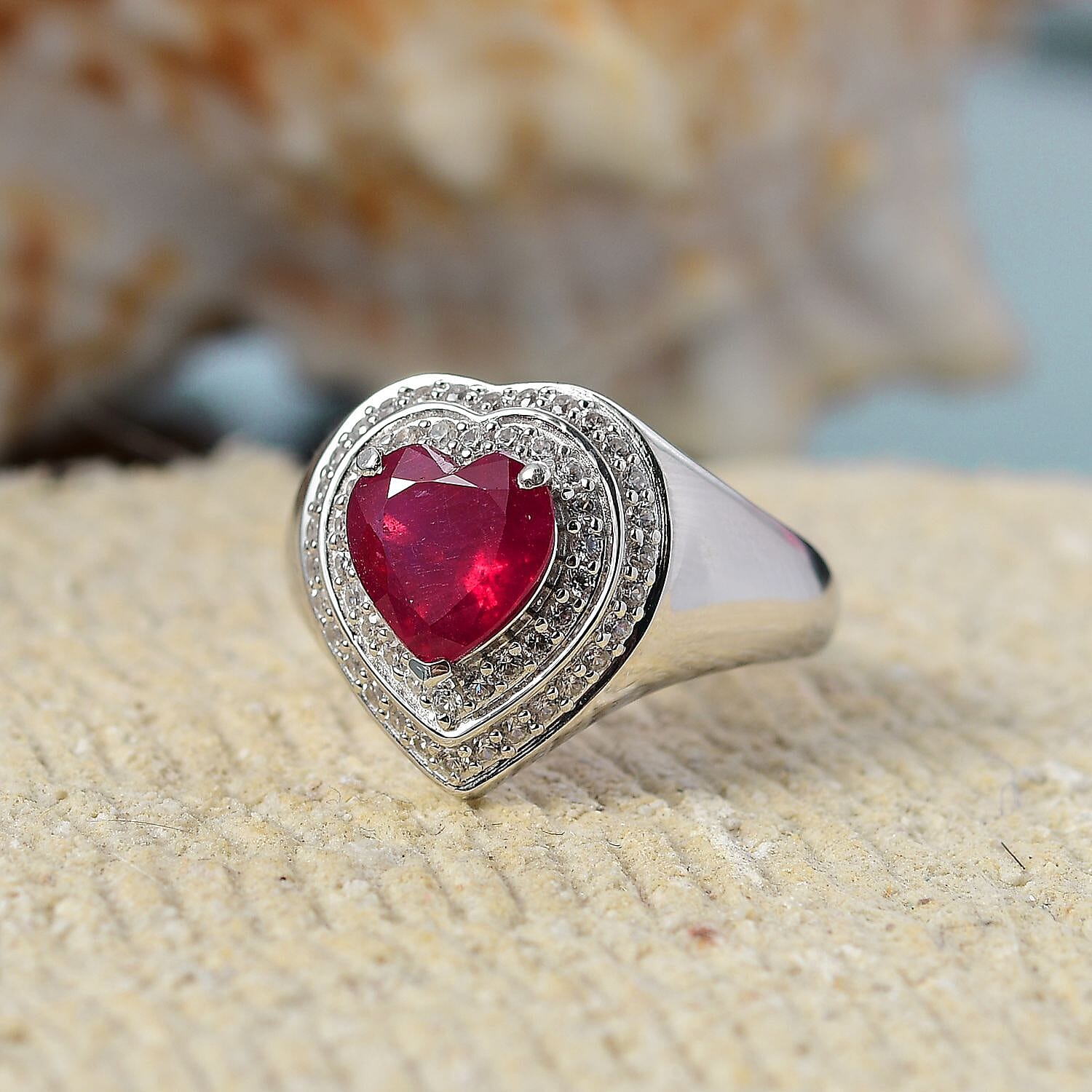 African Ruby and White Zircon 3.74 ctw Ring in Rhodium Over Sterling Silver (Size 9.0)