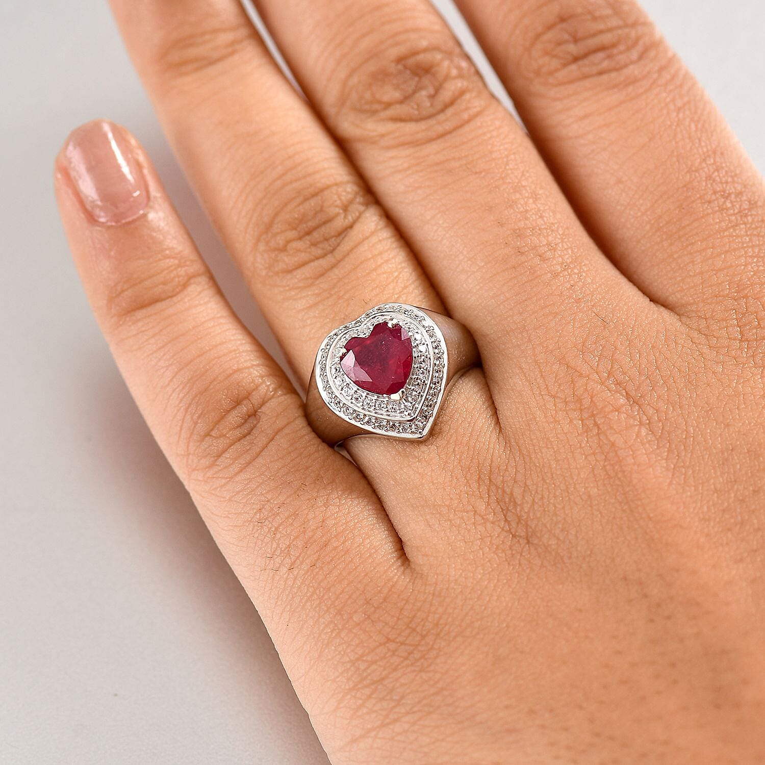 African Ruby and White Zircon 3.74 ctw Ring in Rhodium Over Sterling Silver (Size 9.0)