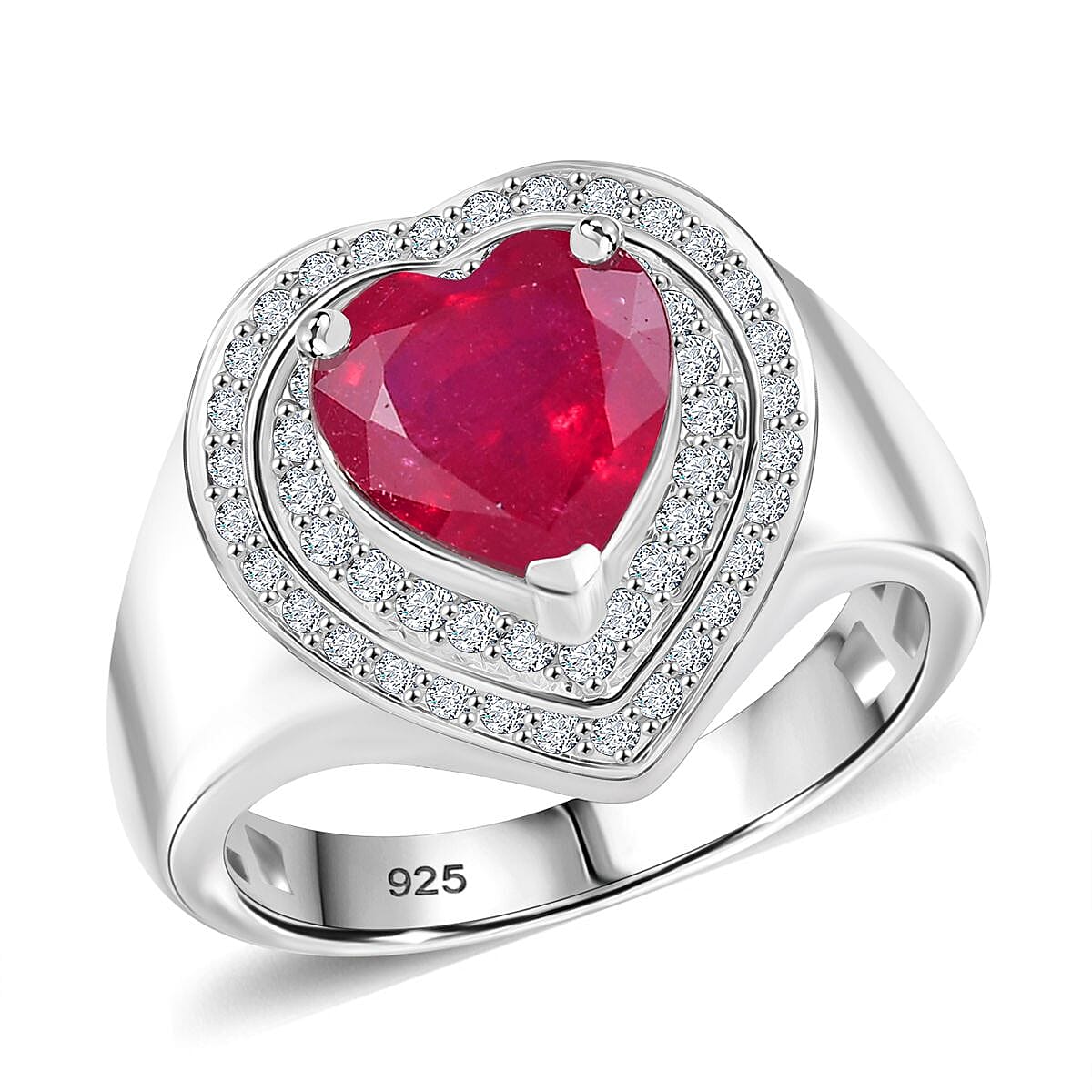 African Ruby and White Zircon 3.74 ctw Ring in Rhodium Over Sterling Silver (Size 9.0)