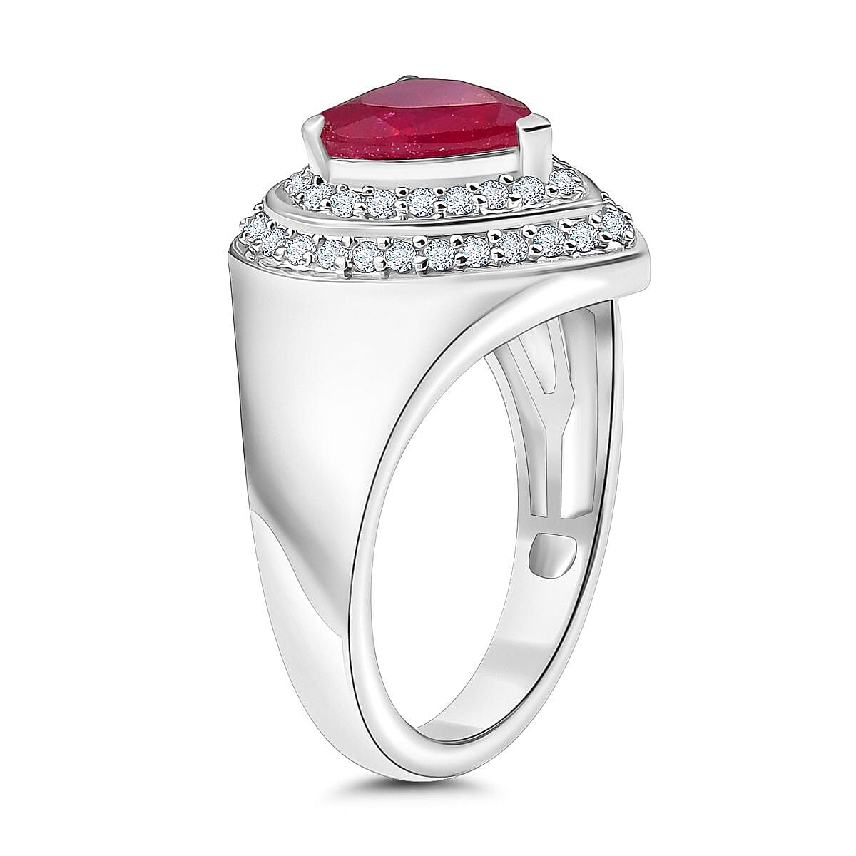 African Ruby and White Zircon 3.74 ctw Ring in Rhodium Over Sterling Silver (Size 9.0)
