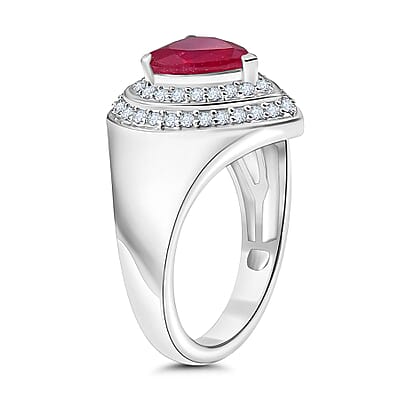 African Ruby and White Zircon 3.74 ctw Ring in Rhodium Over Sterling Silver (Size 9.0)
