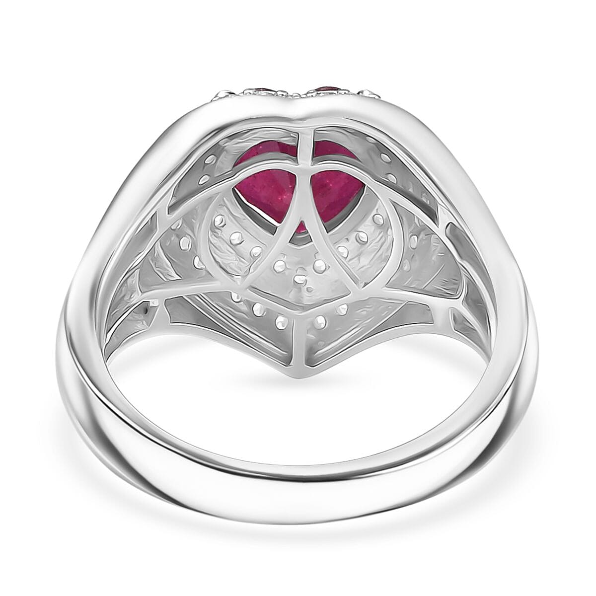 African Ruby and White Zircon 3.74 ctw Ring in Rhodium Over Sterling Silver (Size 9.0)