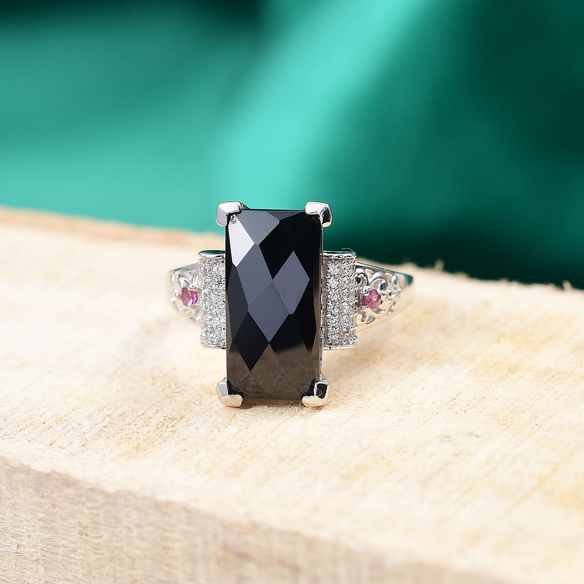 Karis Thai Black Spinel and Multi Gemstone 7.10 ctw Art Deco Ring in Platinum Bond (Size 10.0) image number 1