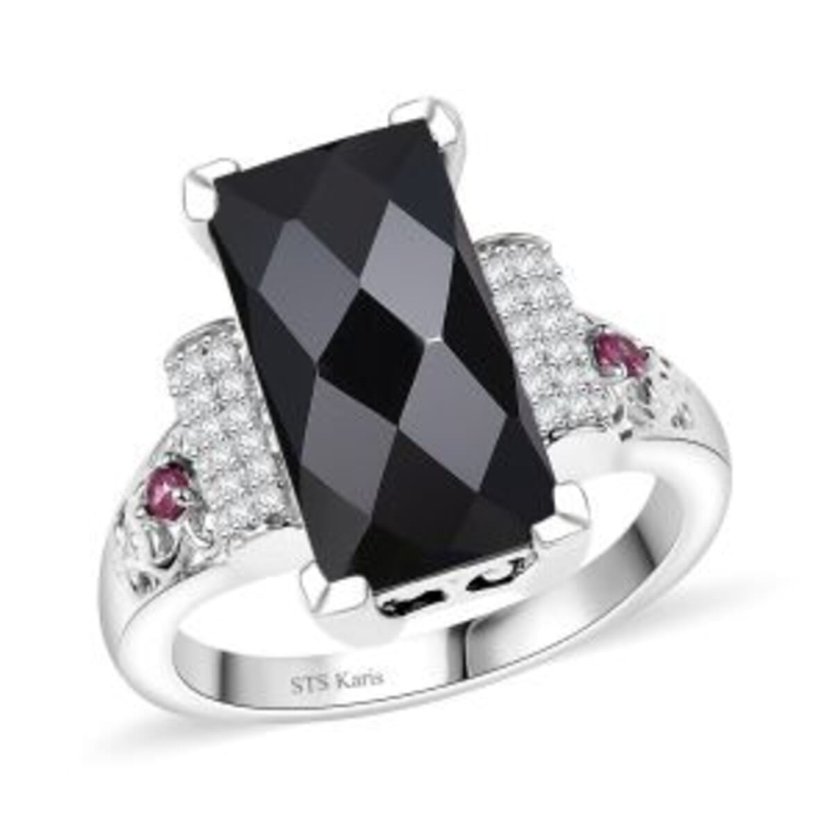 Karis Thai Black Spinel and Multi Gemstone 7.10 ctw Art Deco Ring in Platinum Bond (Size 6.0) image number 0