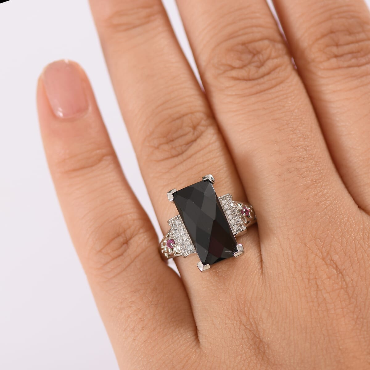 Karis Thai Black Spinel and Multi Gemstone 7.10 ctw Art Deco Ring in Platinum Bond (Size 6.0) image number 2