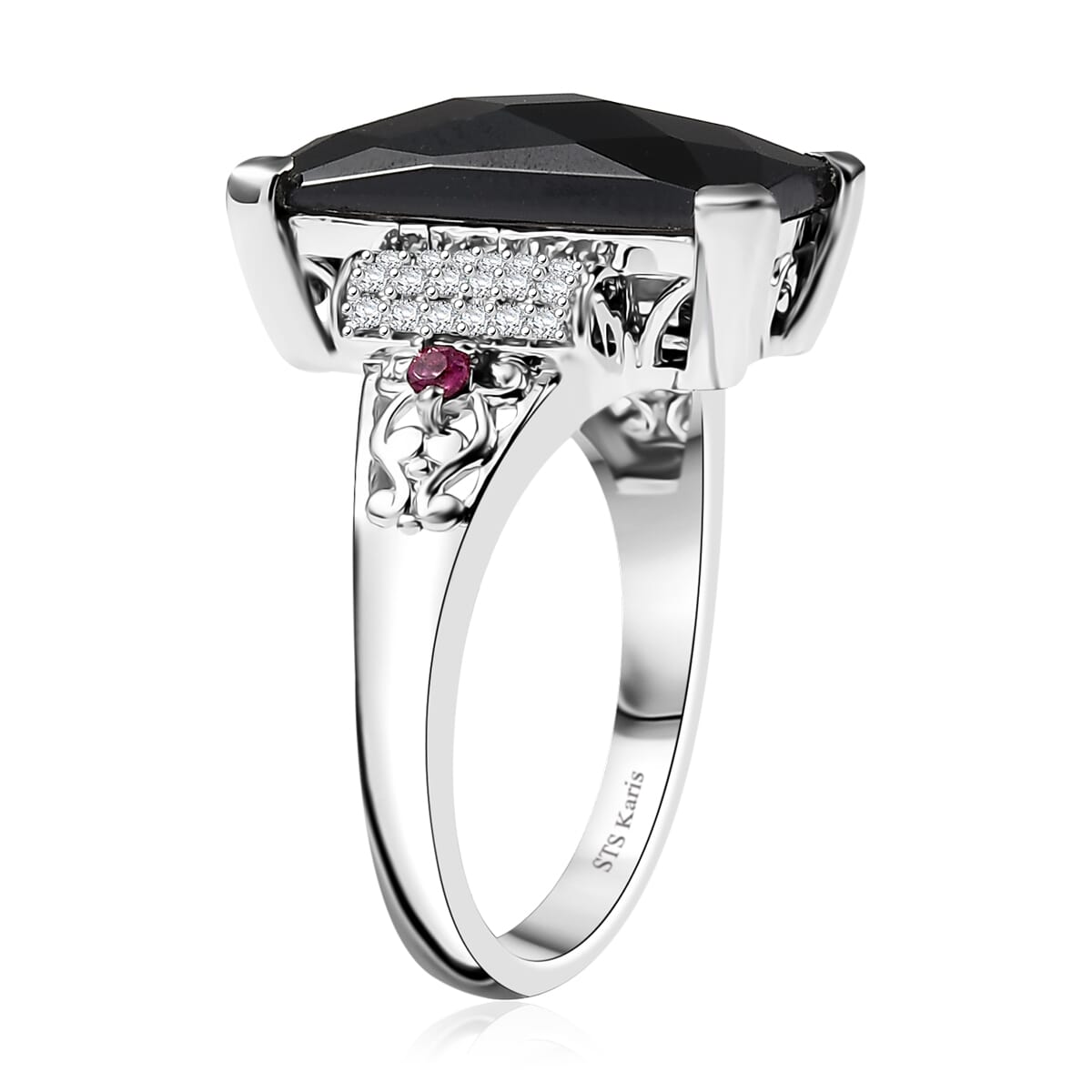 Karis Thai Black Spinel and Multi Gemstone 7.10 ctw Art Deco Ring in Platinum Bond (Size 6.0) image number 3