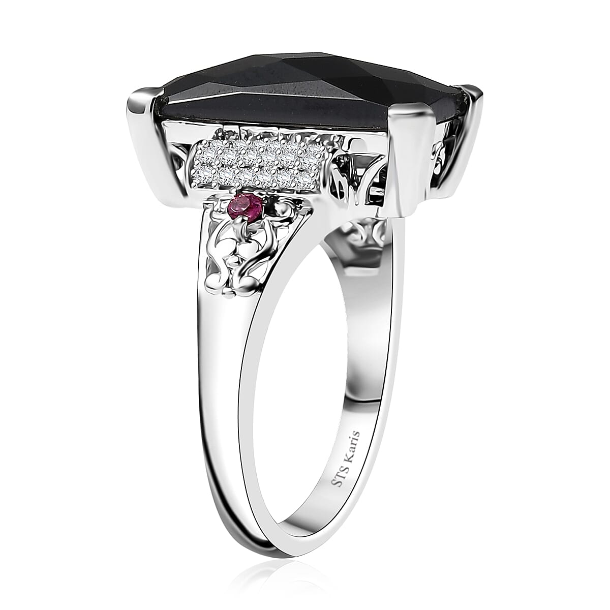 Karis Thai Black Spinel and Multi Gemstone 7.10 ctw Art Deco Ring in Platinum Bond (Size 8.0) image number 3