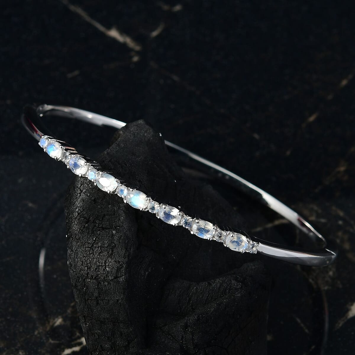 Karis Moon Glow Moonstone 1.70 ctw Bangle Bracelet in Platinum Bond (6.50 In) image number 1