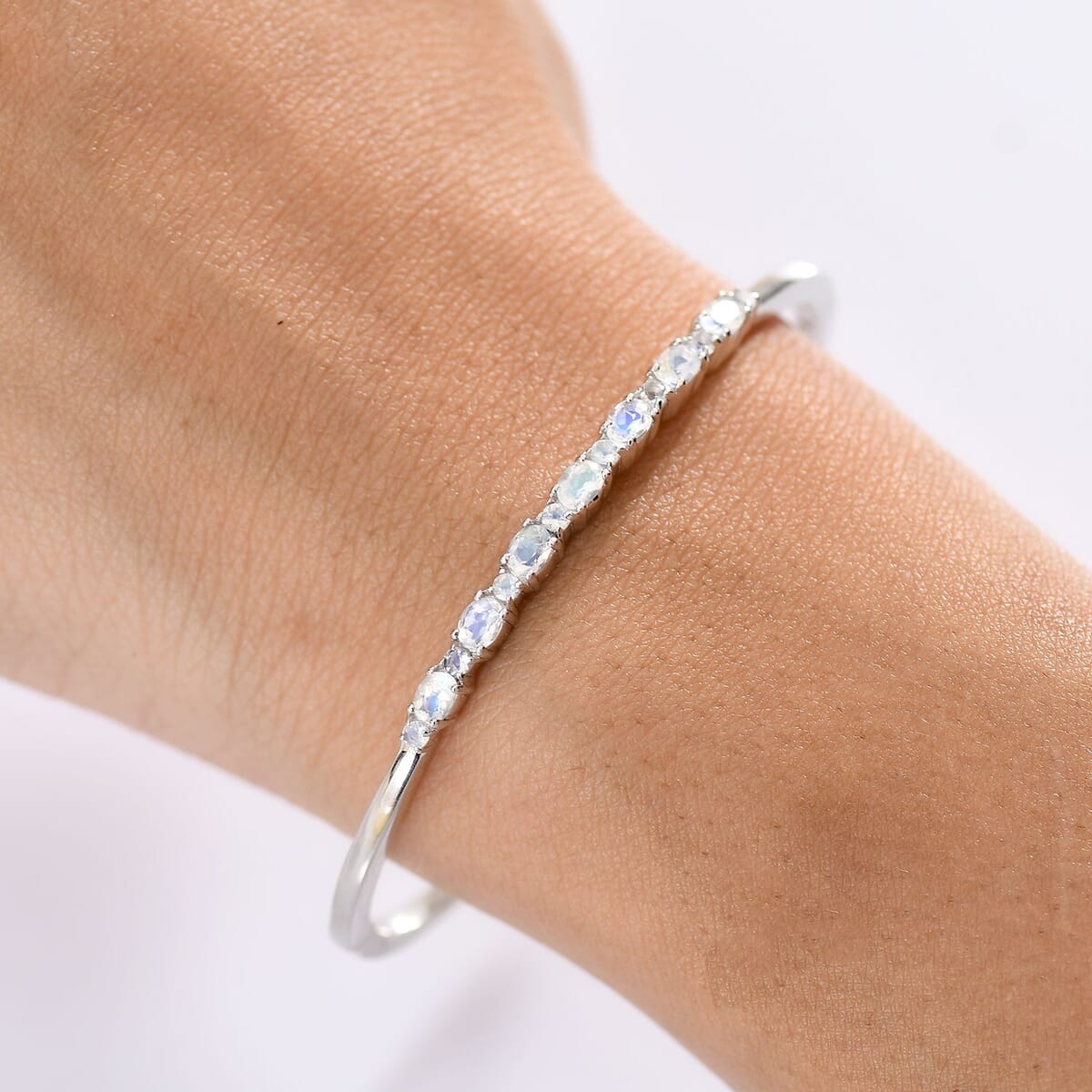 Karis Moon Glow Moonstone 1.70 ctw Bangle Bracelet in Platinum Bond (6.50 In) image number 2