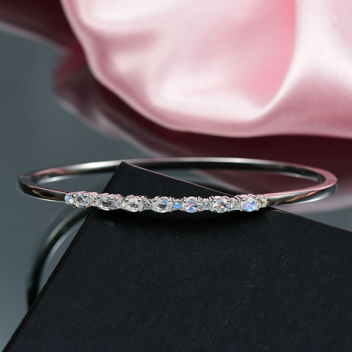 Karis Moon Glow Moonstone 1.70 ctw Milky Way Galaxy with Star Bangle Bracelet in Platinum Bond (7.25 In)  image number 1