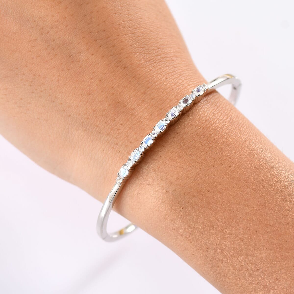Karis Moon Glow Moonstone 1.70 ctw Milky Way Galaxy with Star Bangle Bracelet in Platinum Bond (7.25 In)  image number 2