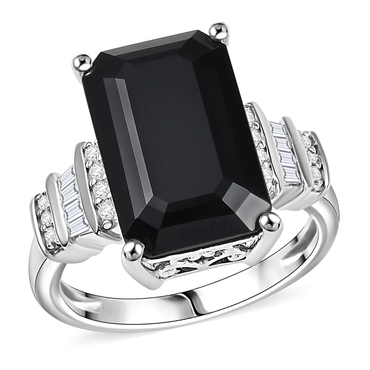 Karis Thai Black Spinel and White Zircon 12.25 ctw Art Deco Ring Platinum Bond (Size 10.0) image number 0