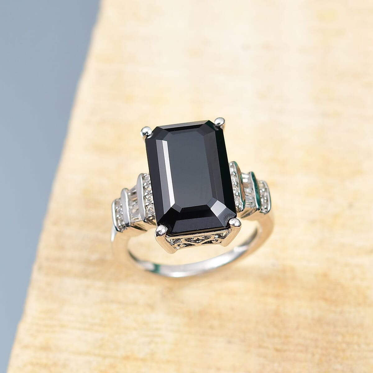 Karis Thai Black Spinel and White Zircon 12.25 ctw Art Deco Ring Platinum Bond (Size 10.0) image number 1