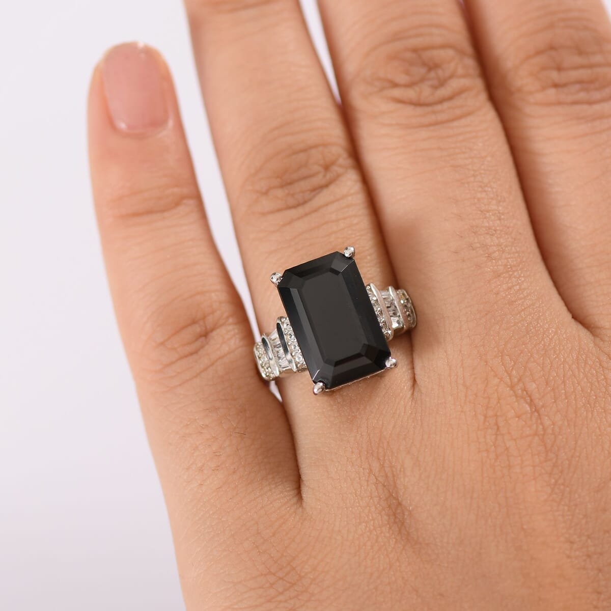 Karis Thai Black Spinel and White Zircon 12.25 ctw Art Deco Ring Platinum Bond (Size 10.0) image number 2
