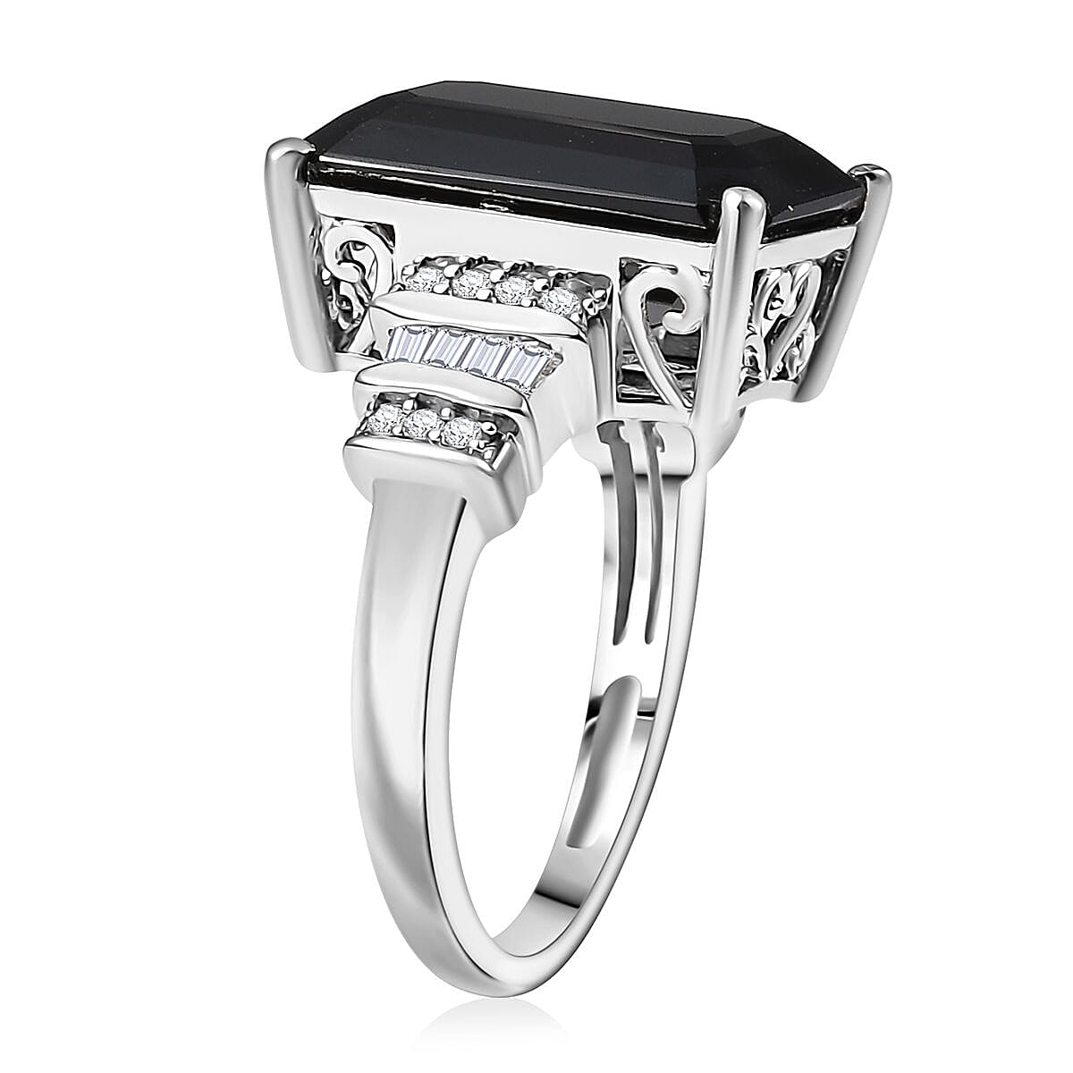 Karis Thai Black Spinel and White Zircon 12.25 ctw Art Deco Ring Platinum Bond (Size 10.0)