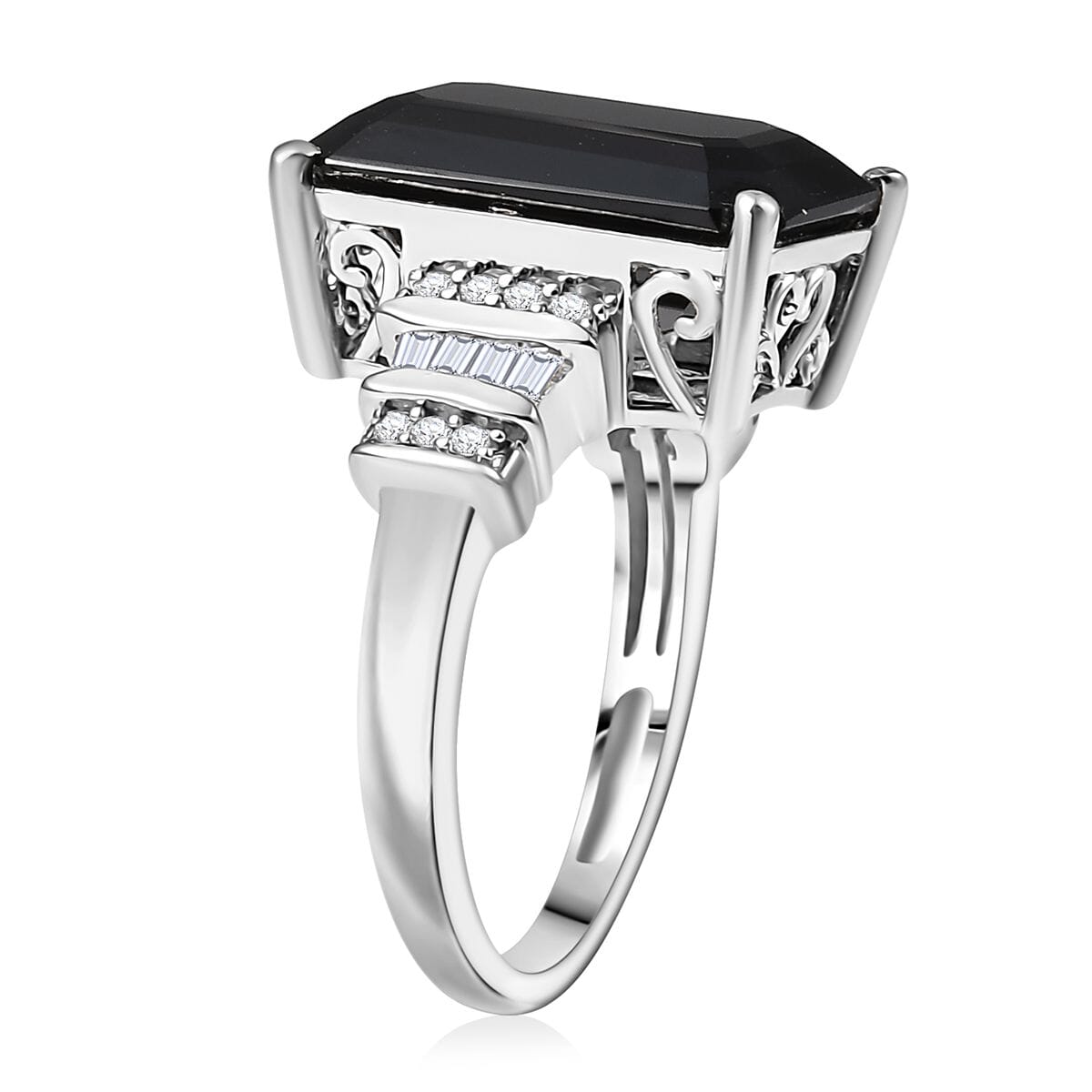 Karis Thai Black Spinel and White Zircon 12.25 ctw Art Deco Ring Platinum Bond (Size 10.0) image number 3