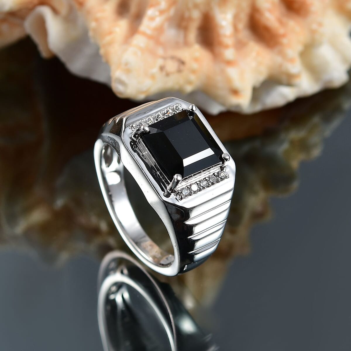 Karis Thai Black Spinel and White Zircon 5.40 ctw Men's Ring in Platinum Bond (Size 10.0) image number 1