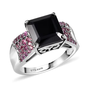 Karis Thai Black Spinel and Orissa Rhodolite Garnet 6.00 ctw Midnight Bloom Ring in Platinum Bond (Size 5.0)