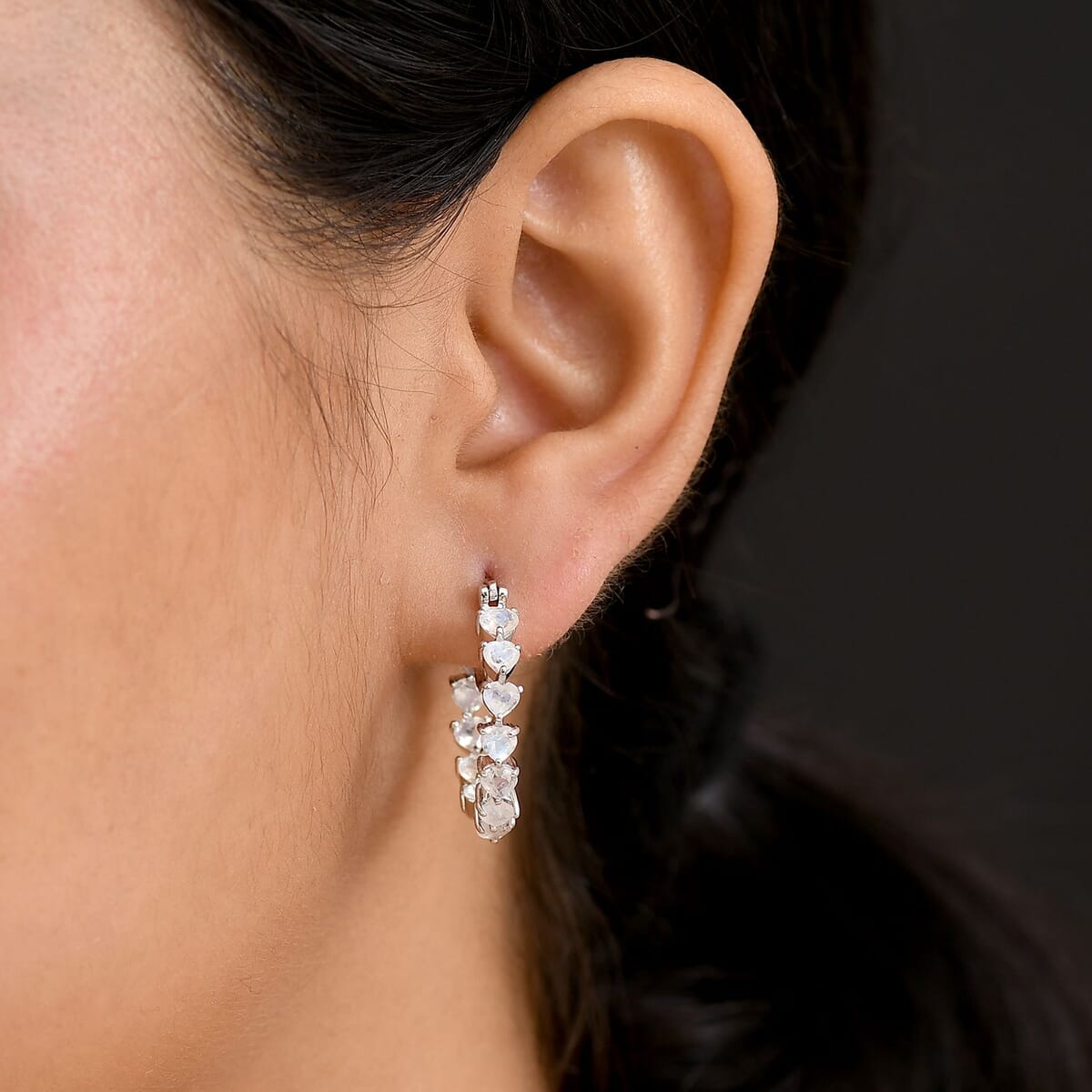 Karis Moon Glow Moonstone 4.00 ctw Aurora Heart Hoop Earrings in Platinum Bond  image number 2