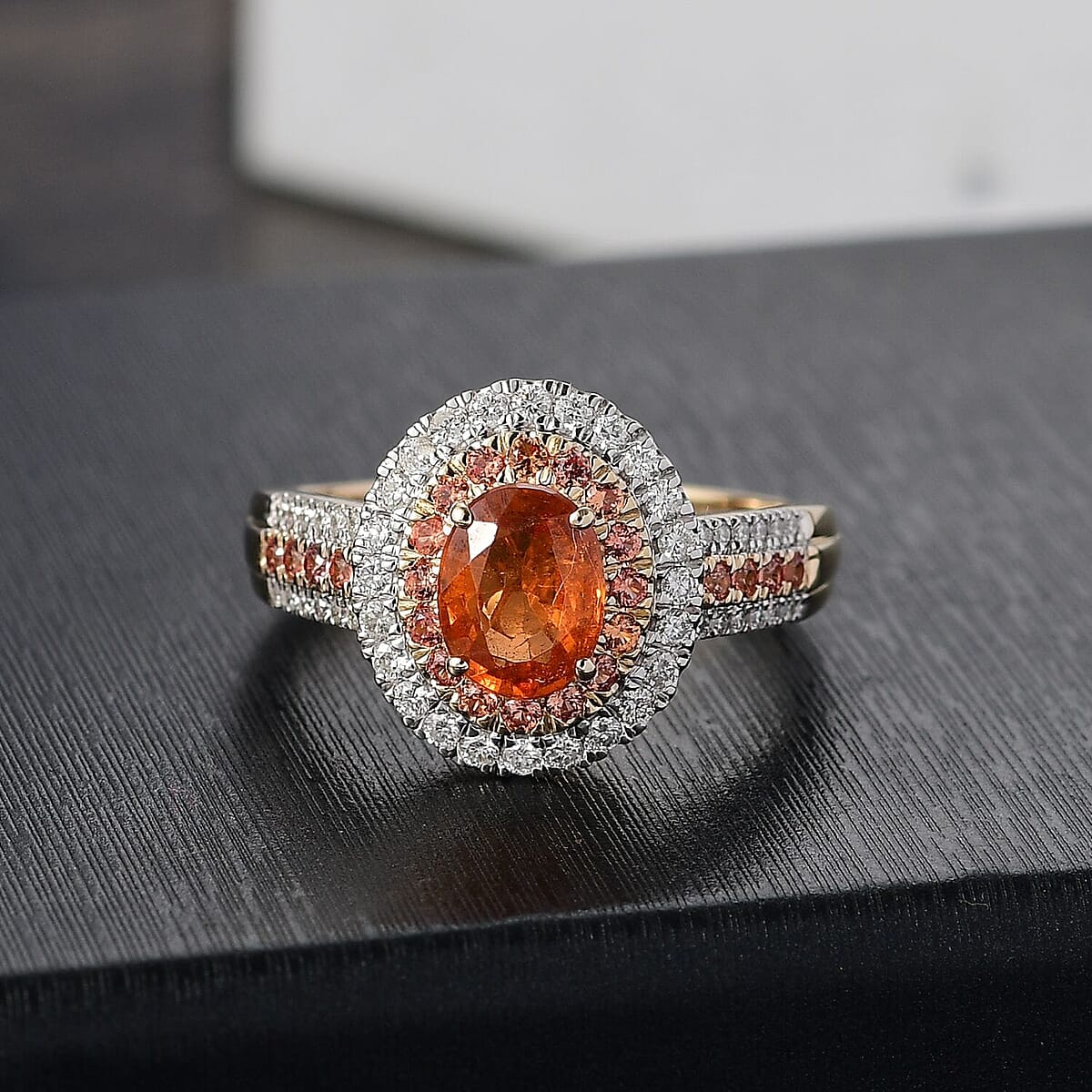 Luxoro 10K Yellow Gold Premium Tanzanian Mandarin Garnet, Padparadscha Sapphire, Diamond (I2) (0.50 cts) Golden Flare Ring (Size 6.5) 2.80 ctw image number 1
