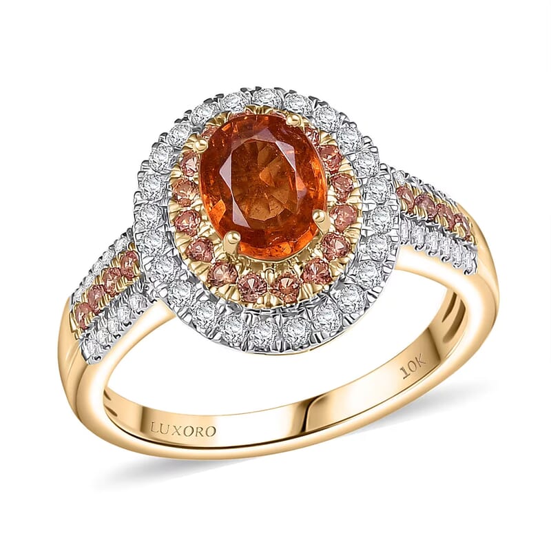 Luxoro Premium Tanzanian Mandarin Garnet, Padparadscha Sapphire, I2 Diamond 2.80 ctw Golden Flare Ring in 10K Yellow Gold (Size 7.0)