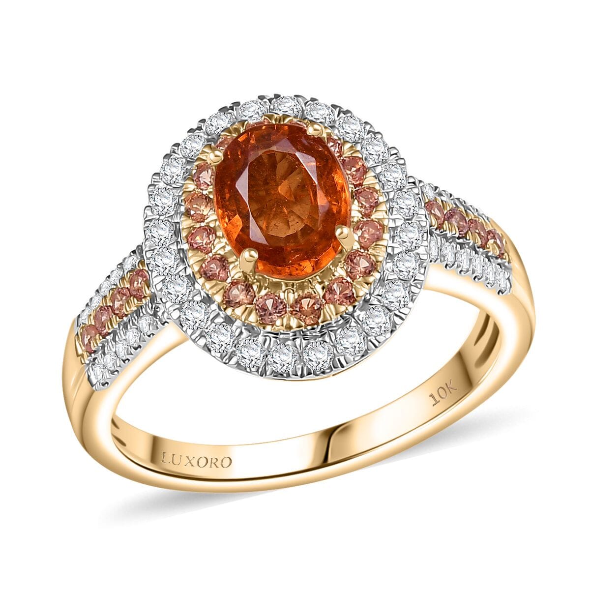 Luxoro Premium Tanzanian Mandarin Garnet, Padparadscha Sapphire, I2 Diamond 2.80 ctw Golden Flare Ring in 10K Yellow Gold (Size 8.0) image number 0