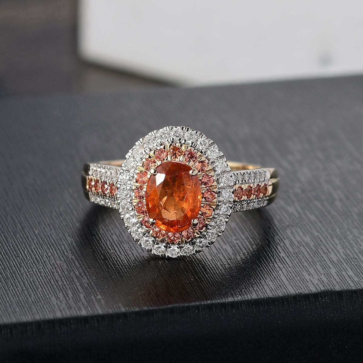 Luxoro Premium Tanzanian Mandarin Garnet, Padparadscha Sapphire, I2 Diamond 2.80 ctw Golden Flare Ring in 10K Yellow Gold (Size 8.0) image number 1