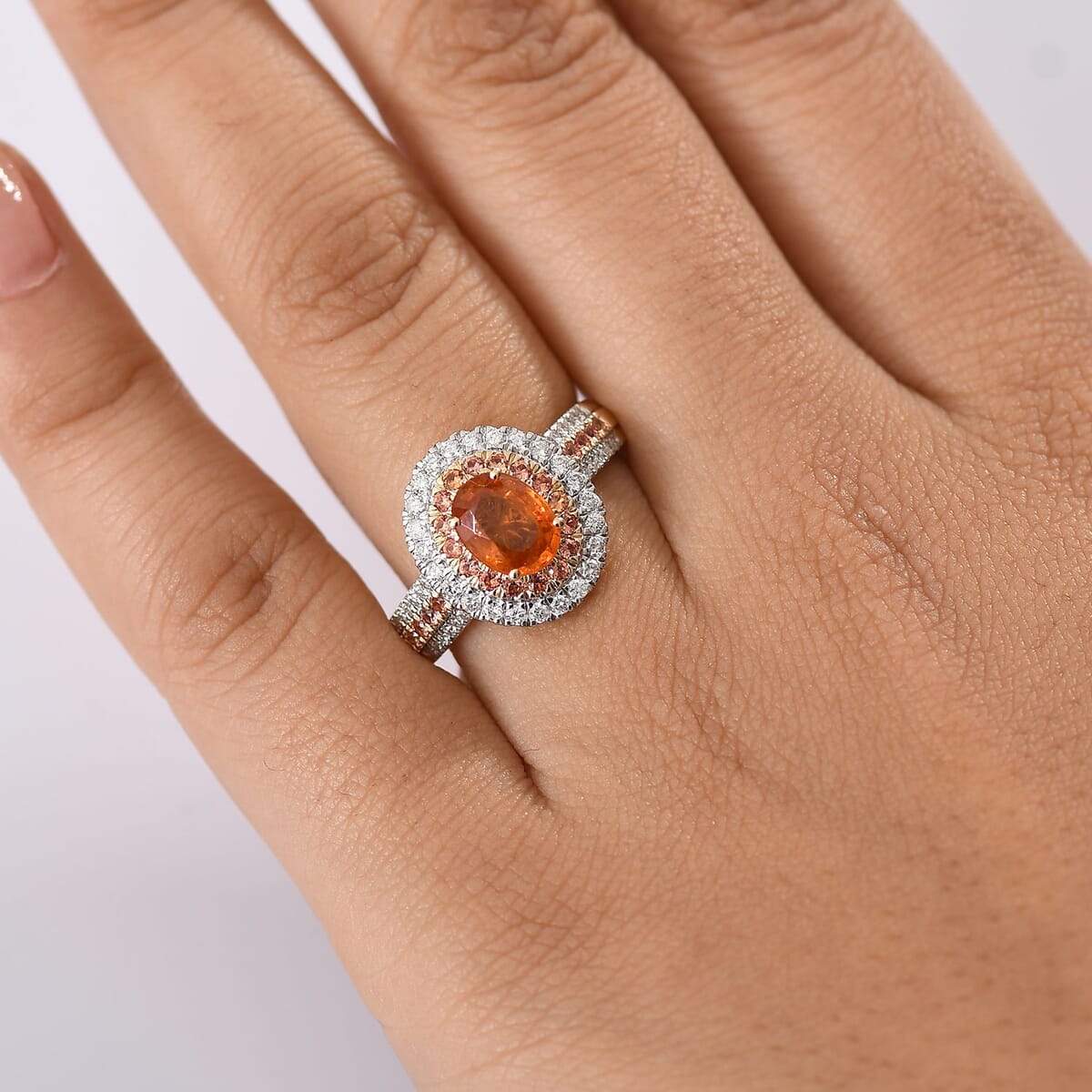Luxoro Premium Tanzanian Mandarin Garnet, Padparadscha Sapphire, I2 Diamond 2.80 ctw Golden Flare Ring in 10K Yellow Gold (Size 8.0) image number 2