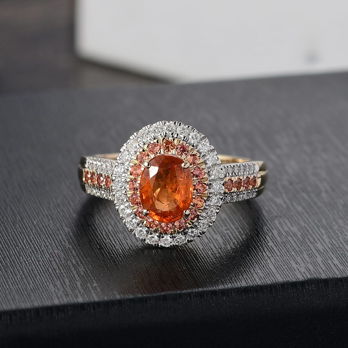 Luxoro Premium Tanzanian Mandarin Garnet, Padparadscha Sapphire, I2 Diamond 2.80 ctw Golden Flare Ring in 10K Yellow Gold (Size 9.0) image number 1