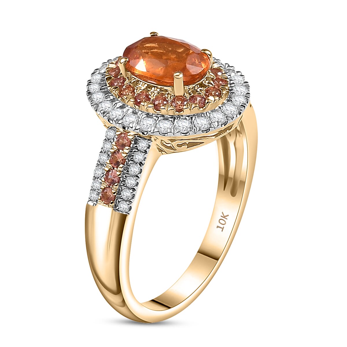Luxoro Premium Tanzanian Mandarin Garnet, Padparadscha Sapphire, I2 Diamond 2.80 ctw Golden Flare Ring in 10K Yellow Gold (Size 9.0) image number 3