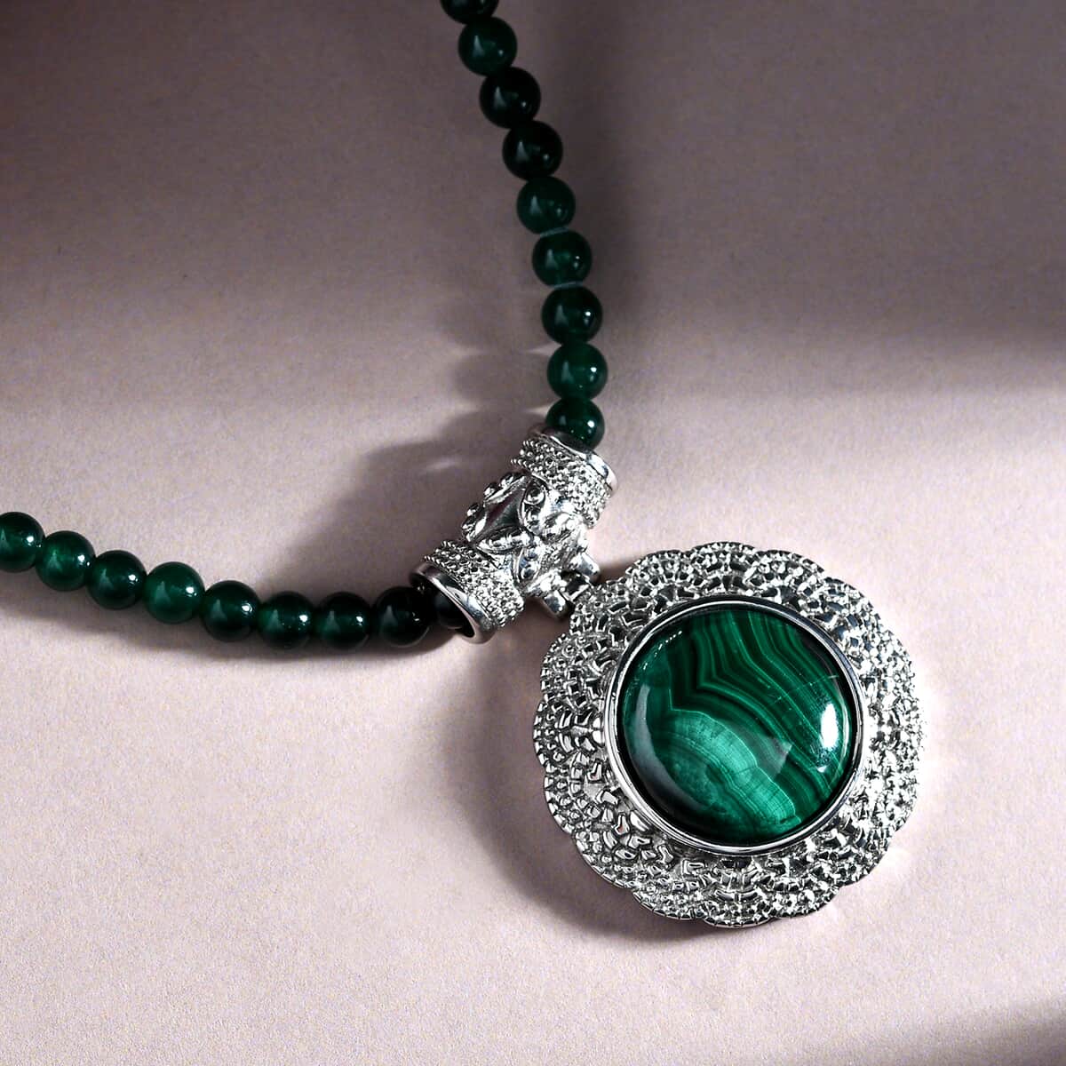 African Malachite Pendant with Green Quartzite Beaded Necklace (20 Inches) in Stainless Steel (10.75 g) 93.85 ctw image number 1