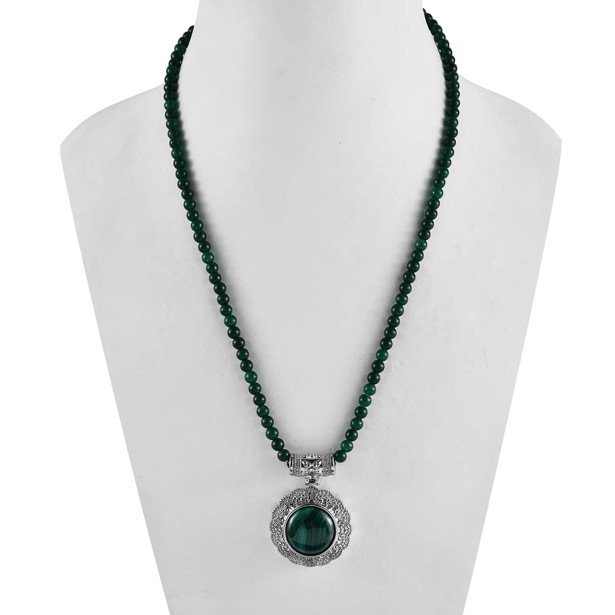 African Malachite Pendant with Green Quartzite Beaded Necklace (20 Inches) in Stainless Steel (10.75 g) 93.85 ctw image number 2